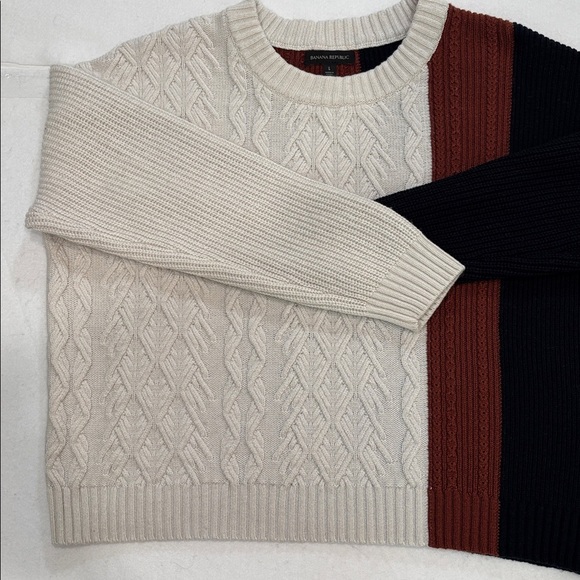Banana Republic Large Colorblock Cable Knit Sweater Cream Navy Rust Wool Blend - Picture 6 of 7
